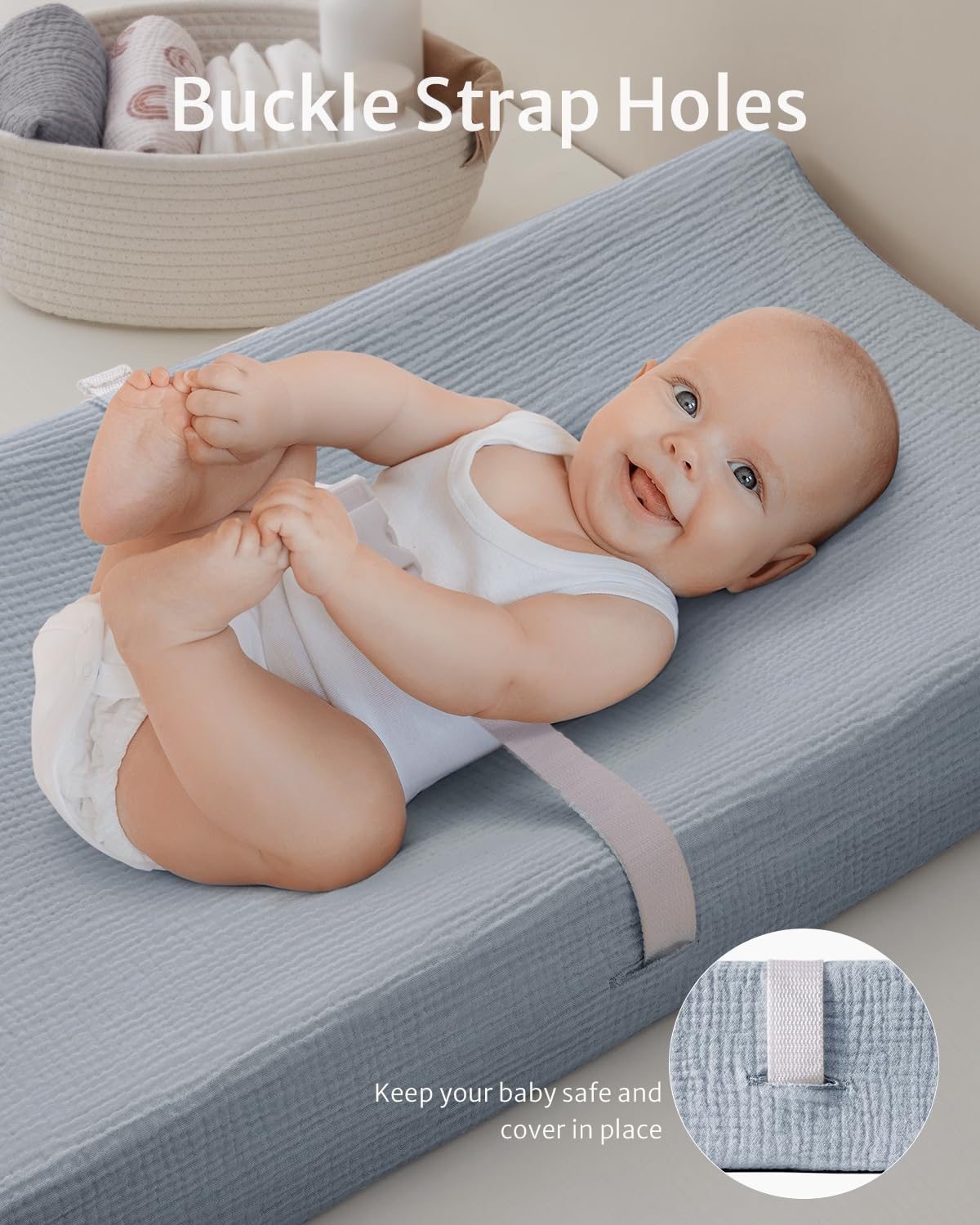 Blissful Diary Muslin Changing Pad Cover for Girls Boys, Ultra Soft Breathable Cotton, Baby Diaper Change Table Pad Covers, 2Pack (Light Blue&Grey)