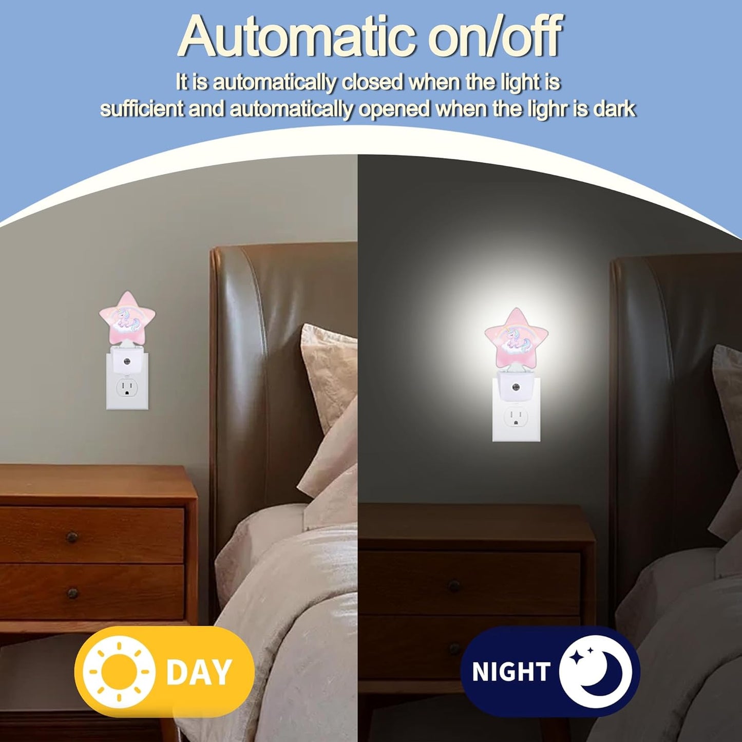 Rainbow Unicorn Dusk to Dawn Star Night Light,Cute Pink Sky Smart Sensor Nightlight for Bedroom Kitchen Hallway Stairs,Plug-in Energy Efficient Decor Desk Lamp Women Men Gifts
