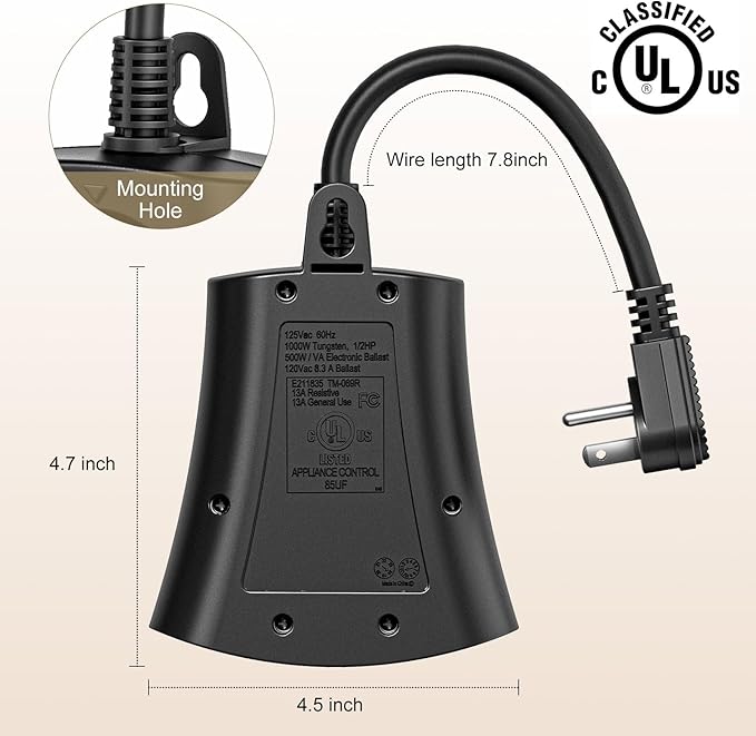 Lights Plug Timer Outdoor, Dusk to Dawn Electrical Timer Switch with Remote, Waterproof 3 Grounded Electrical Outlets for Halloween Christmas, 2PCS
