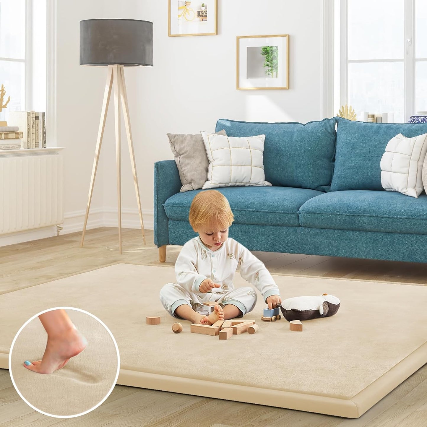 Baby Play Mat for Floor Tummy Time Mat Nursery Muscle Area Rug Playroom Rug Tatami 65"*50" Memory Foam 1.3" Thick Crawling For Babies,Toddlers, Infants, Kids,Floor(Beige)