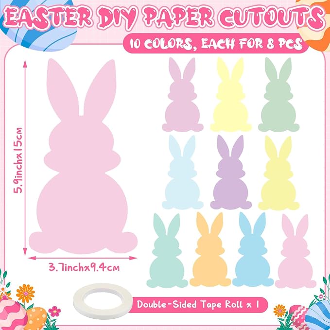 Funrous 80 Pcs Easter Bunny Cutouts Pastel Rabbit Shape Paper Cutouts Easter