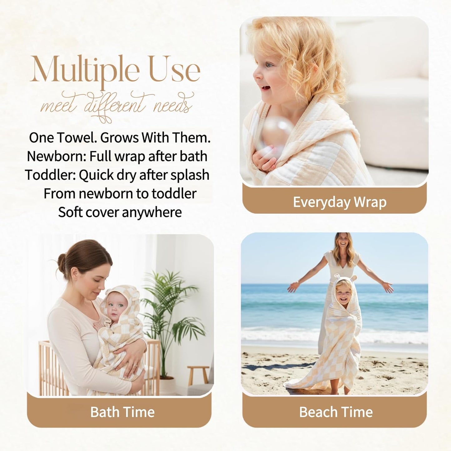 Ultra-Soft Muslin Toddler Hooded Towel - 55x 28 Inches, Ideal for Bath & Beach, Suitable for Both Boys & Girls from Newborns to Toddlers
