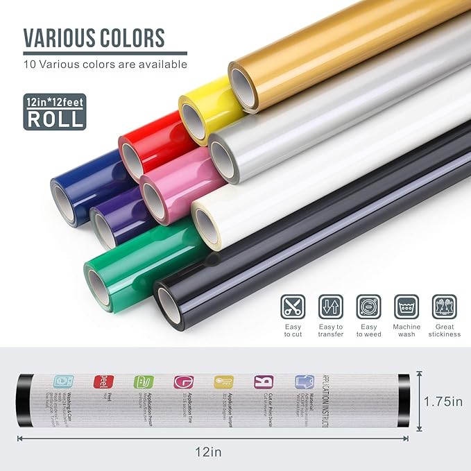 12" x 12ft Heat Transfer Vinyl Rolls, PU HTV Vinyl White