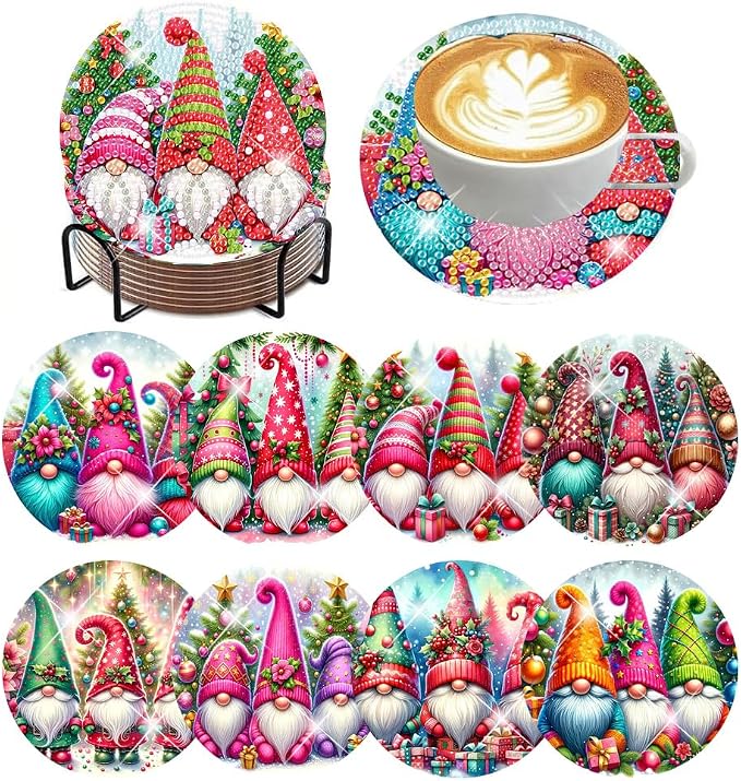 ijbnhd 8 PCS Christmas Diamond Painting Coasters | Christmas Gnome Diamond Art