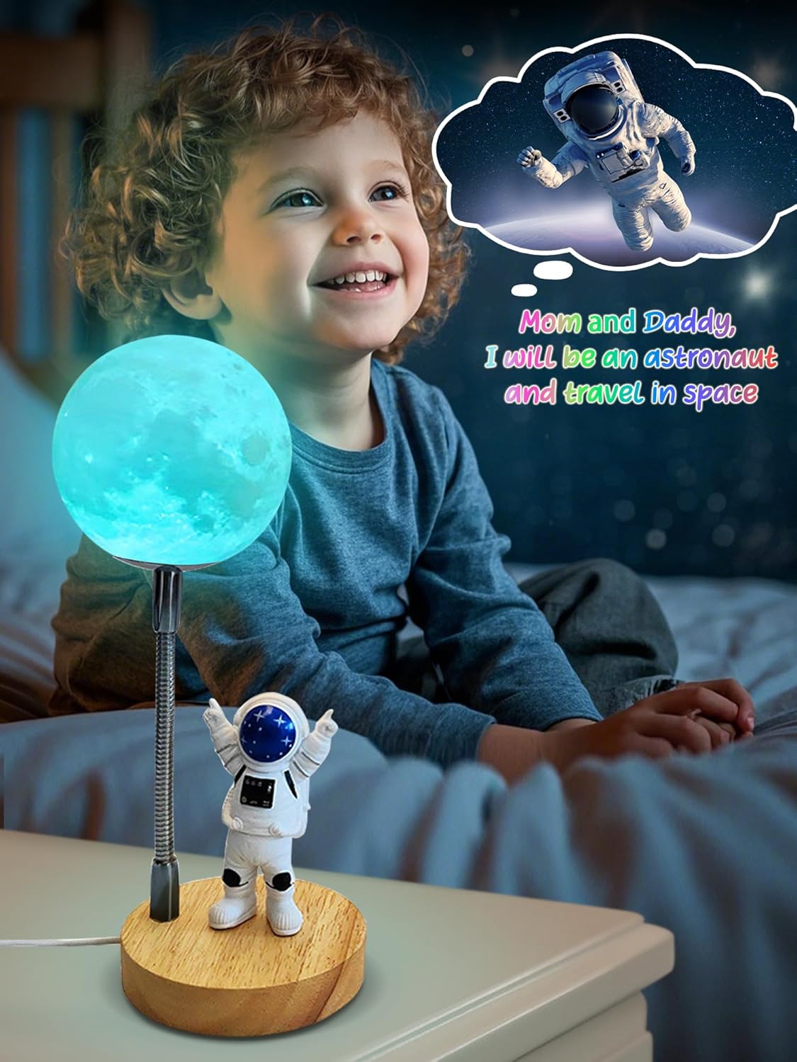 Moon Lamp for Kids,Astronaut Light 7 Color Space Night Light,3D Moon Light Nursery Bedroom Space Themed Decor Table Lamp,Birthday Gifts for Boys Girls