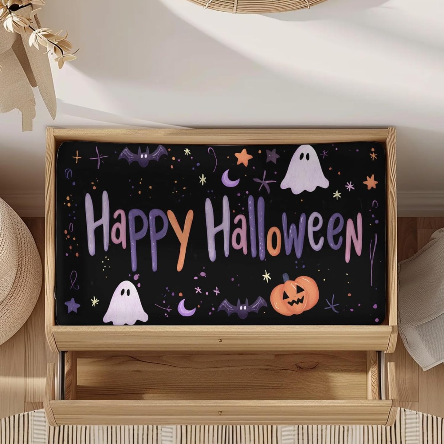 Halloween Pumpkin Bats Fall Holiday Moon Stars Pattern Baby Changing Pad Cover, Unisex Halloween Nursery Diaper Changing Table Pad Mat Sheet for Boys Girls-16x32