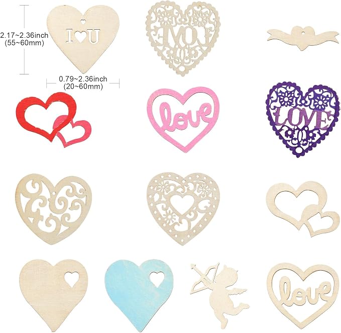 45 pcs Mixed Styles Heart Theme Unfinished Wood Cutout Charms Love Sweet Wood