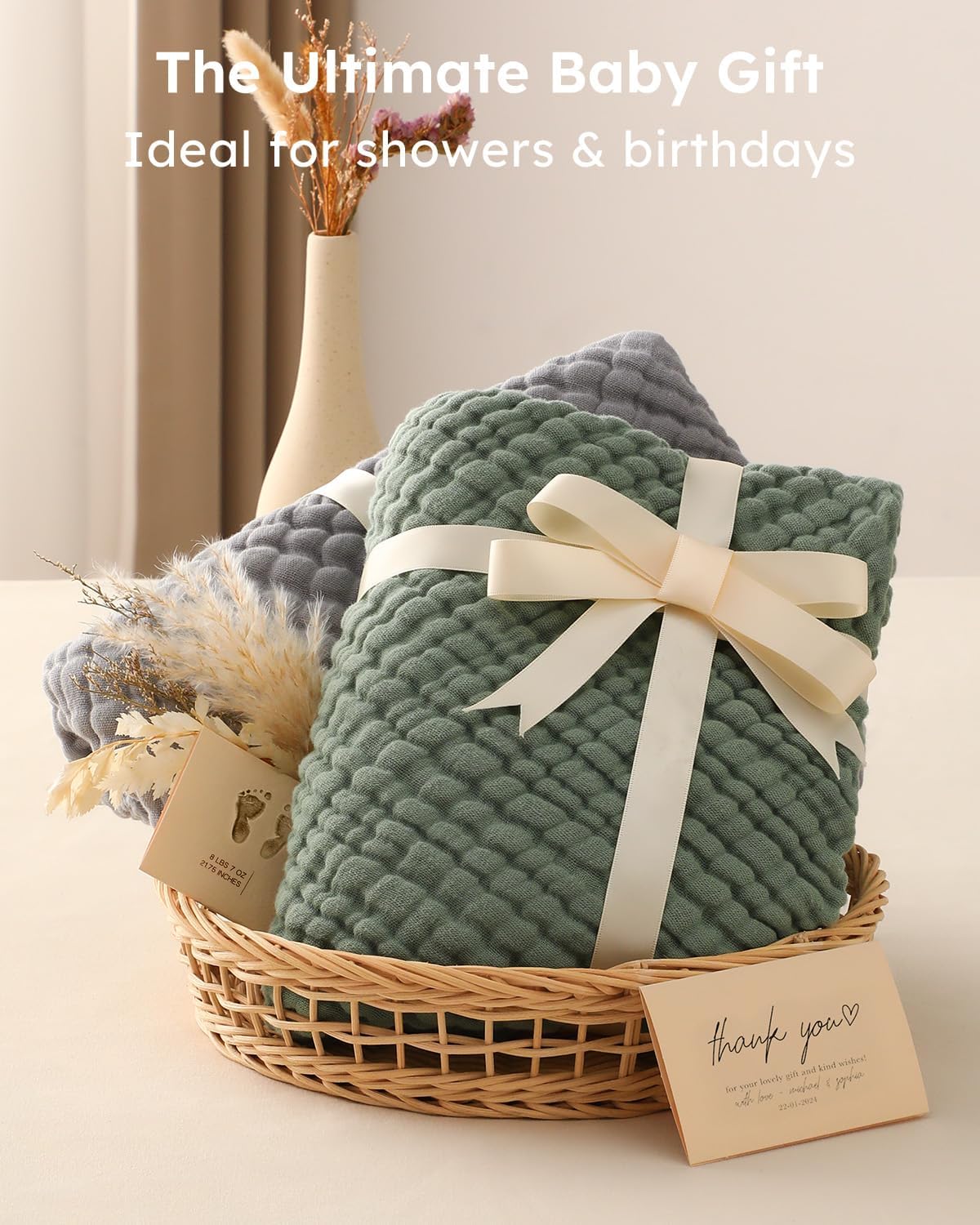 Yoofoss Hooded Baby Towels for Newborn 2 Pack 100% Muslin Organic Cotton Baby Bath Towel with Hood for Babies, Infant, Toddler and Kids,37.5“x37.5“,Soft and Absorbent Newborn Essential,Grey&Dark Green