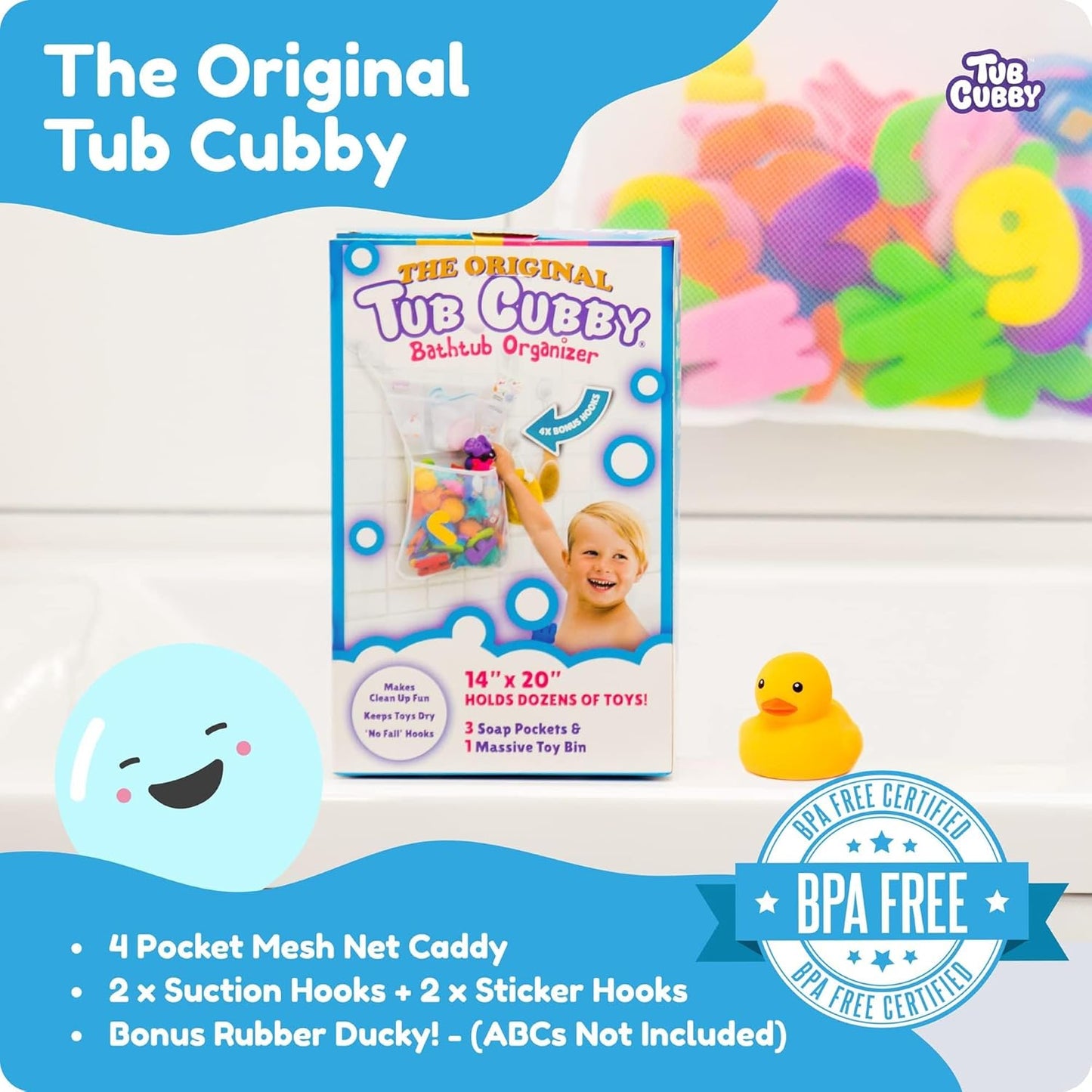 Tub Cubby Bath Toy Storage Organizer | 14"x20" Mesh Shower Caddy | Suction Cup & Adhesive Hooks | Toy Storage Net Organizer | Kids Bathroom Decor, Bedroom & More | Extra Hooks