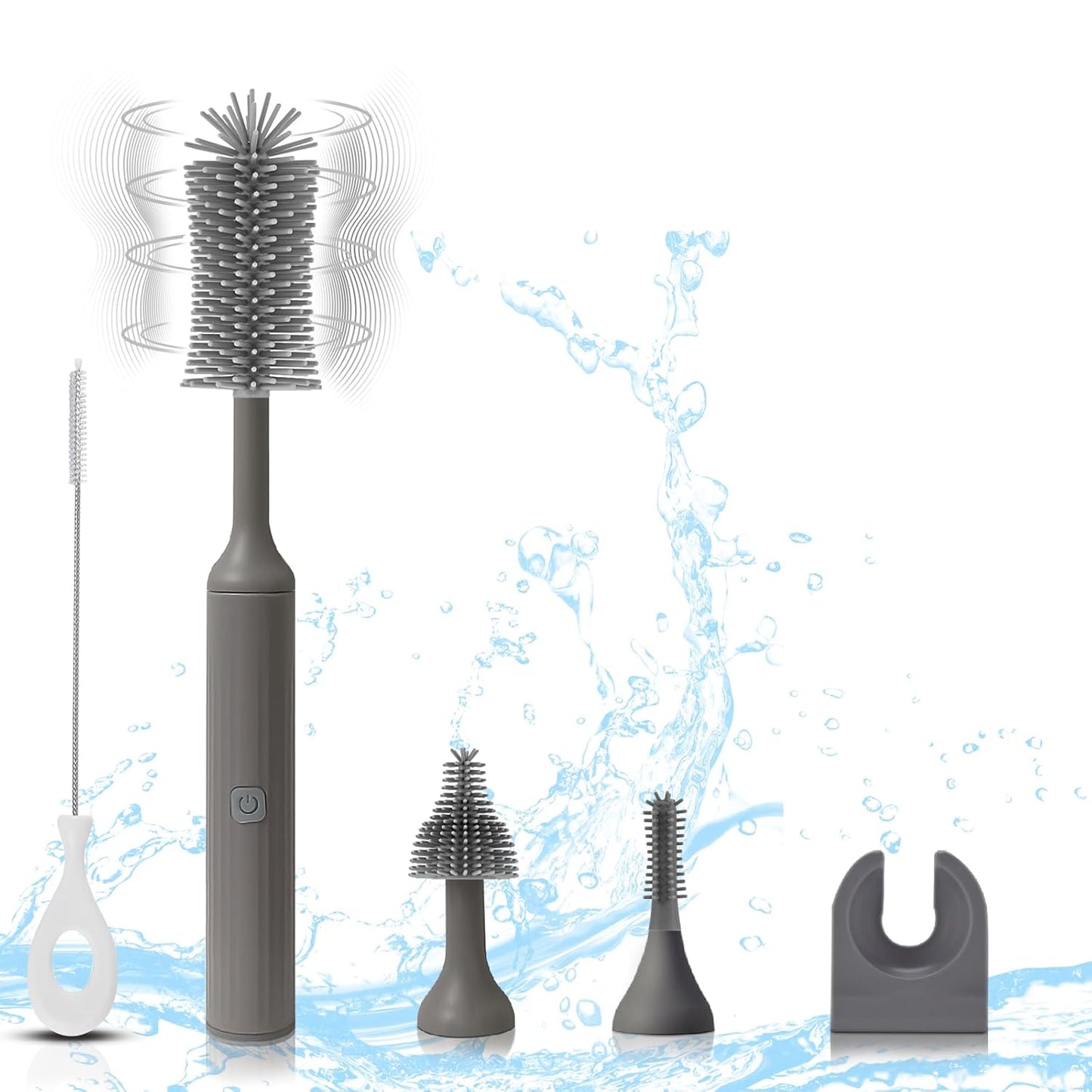 Electric Baby Bottle Brush Set with Rechargeable Electric Bottle Brush Cleaner and Replaceable Silicone Bottle Brushes and Straw Brush Cleaner, Waterproof Multi-Purpose Cleaning Brush（Grey）