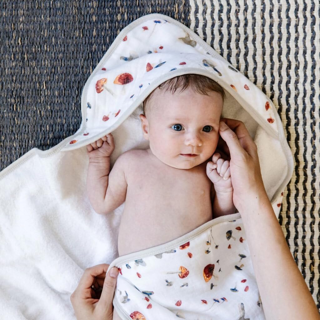 Little Unicorn Premium Infant Hooded Bath Towel| Soft & Absorbent Cotton & Terry Fabric for Newborns (Mushrooms)