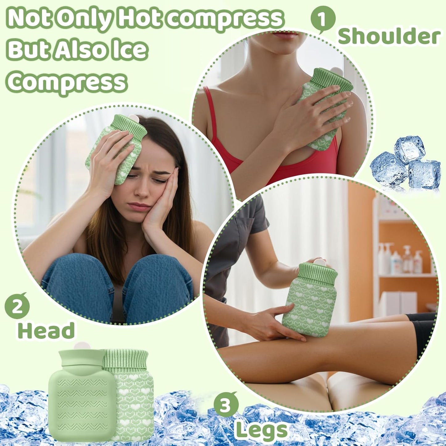 Amylove Mini Hot Water Bottle 320ml for Hot & Cold Compress with Cover Silicone Microwave Heating Small Water Bag for Travel Pain Relief Holiday Gifts(Green)
