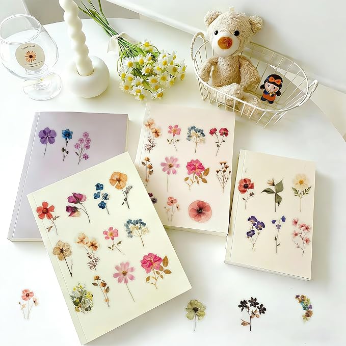 52Pcs Transparent Flora Scrapbook Stickers Pack, Colorful Wildflower Daisy Rose