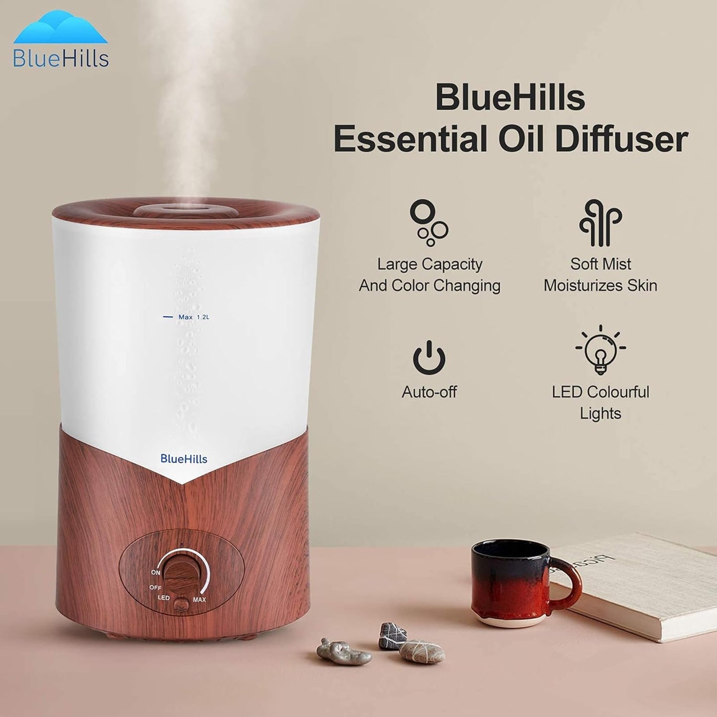 BlueHills Premium Large 1000 ML XL Essential Oil Diffuser Dark Wood Grain Aroma Humidifier 1 Liter Capacity for Big Room Home Long Run Kids Huge Coverage Area Quiet High Mist Output Large 1L A3