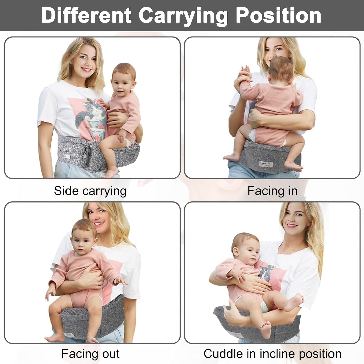 Baby Hip Carrier, Baby Carrier with Adjustable Waistband & Breathable Mesh, Ergonomic Carrier with Non-Slip Hip Seat Surface for Newborns & Toddlers, Light Grey