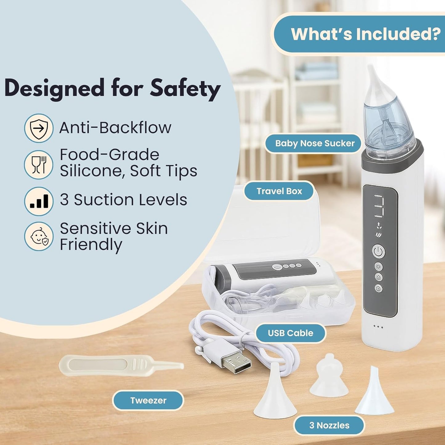 Electric Nasal Aspirator for Babies – Gentle Electric Nose Suction for Baby - Adjustable Suction, Calming Music & Light – Soft Silicone Tips for Newborn and Infant Congestion Relief – USB Rechargeable