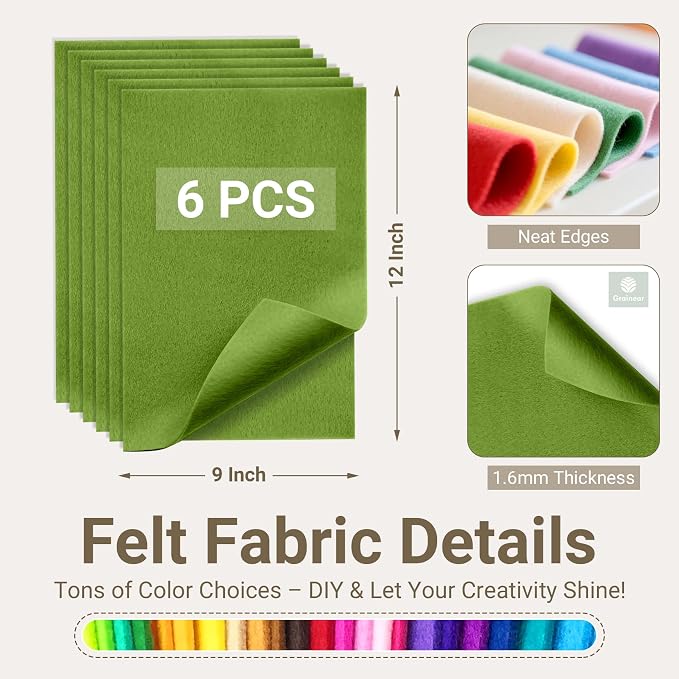 Sage Green Soft Felt Sheets for Crafts, 1.6mm Thick, Kids' Crafts, DIY Projects