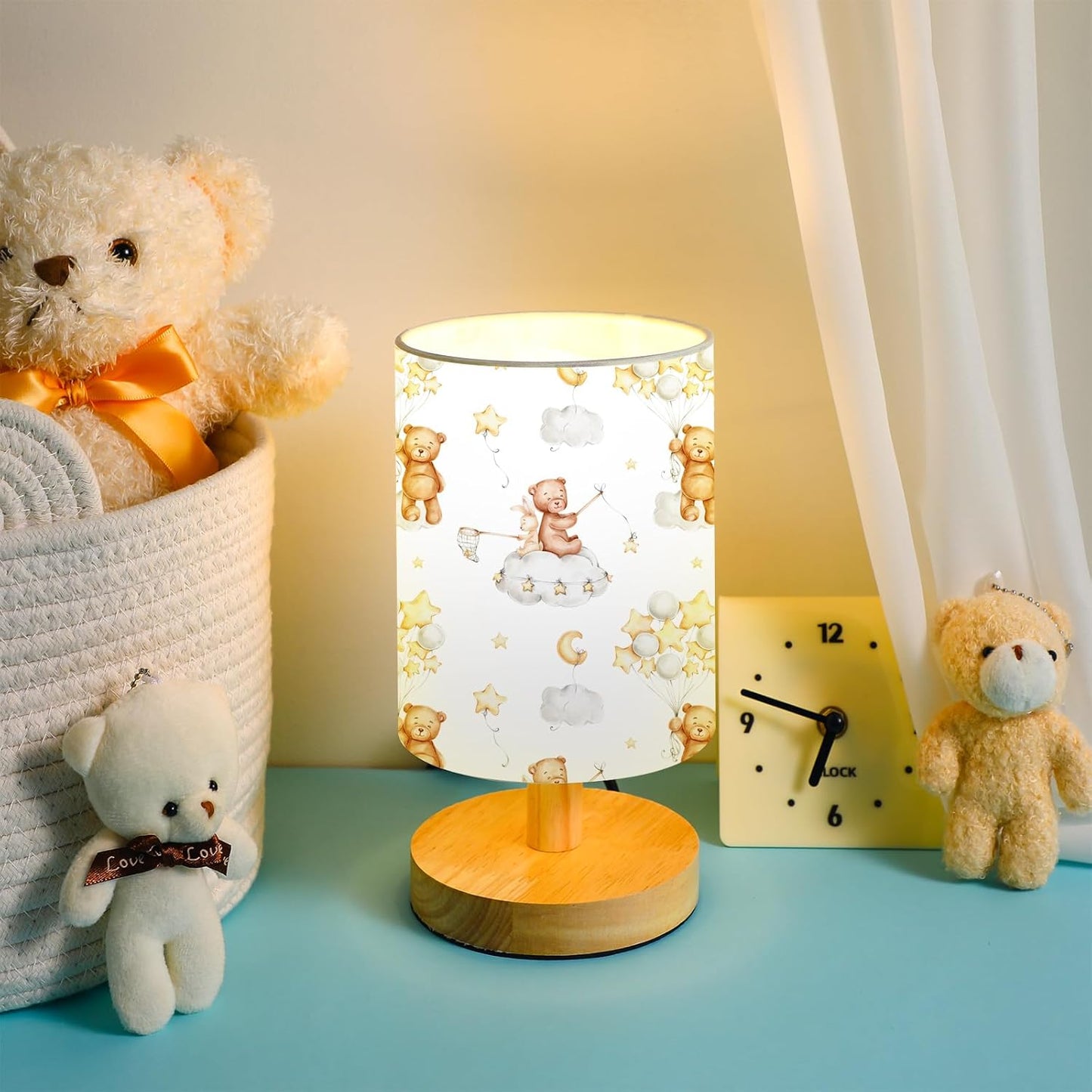 VIHOSE Bear Kids Table Lamp for Bedroom Kids Bedside Lamp with Linen Wooden Nightstand Cartoon Nursery Lampshade for Girls Boys Living Room
