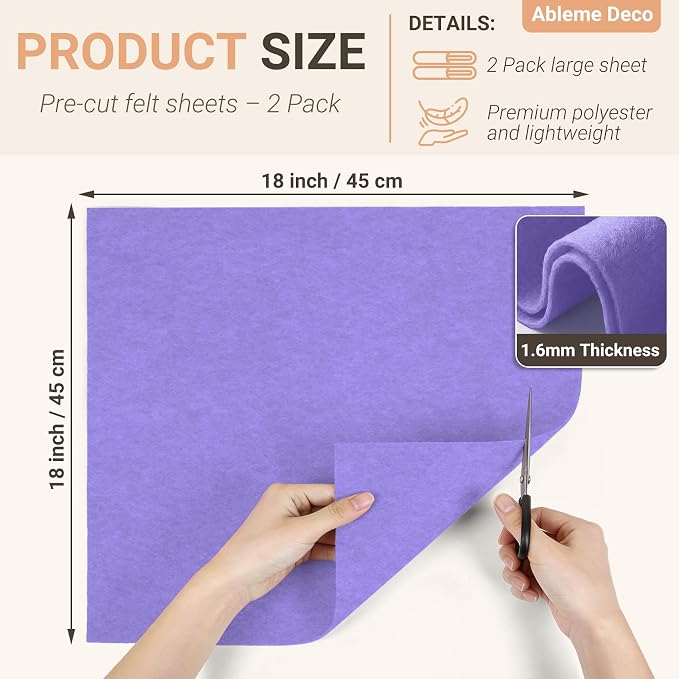 Felt Fabric Sheets 18" x 18" 1.6mm Soft Craft Felt, Lavender | Soft Precut Felt