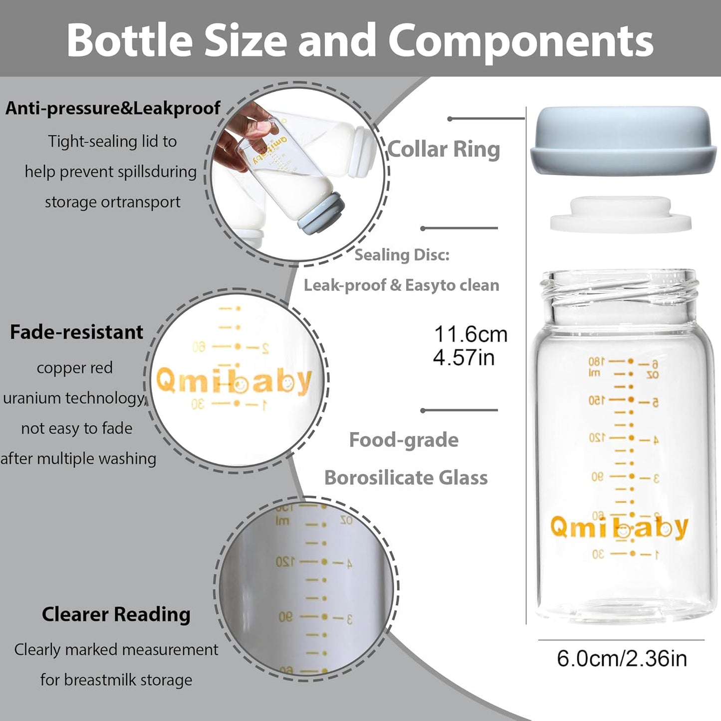Glass Breastmilk Storage Bottles 180ml 6oz BPA-Free Leak-Proof Natural Baby Bottle for Breastmilk Storage Wide Neck Bottles with Screw Ring Sealing Disk Breastfeeding (Grey, 180ml-4Packs)