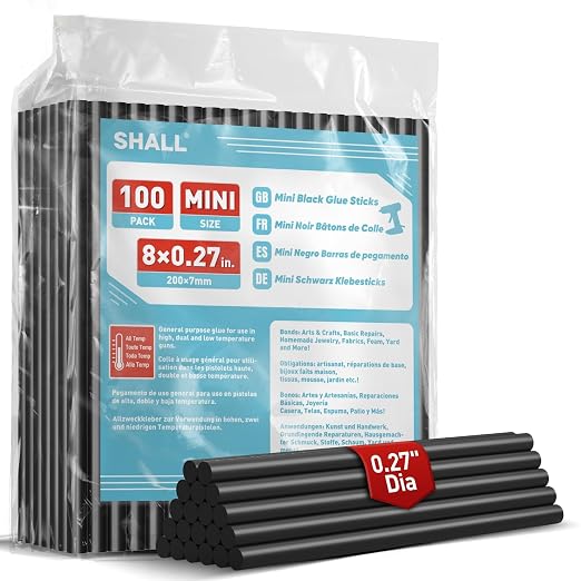 SHALL Mini Hot Glue Sticks, 0.27” Dia x 8” Long, 100 Pack Black Glue Gun Sticks