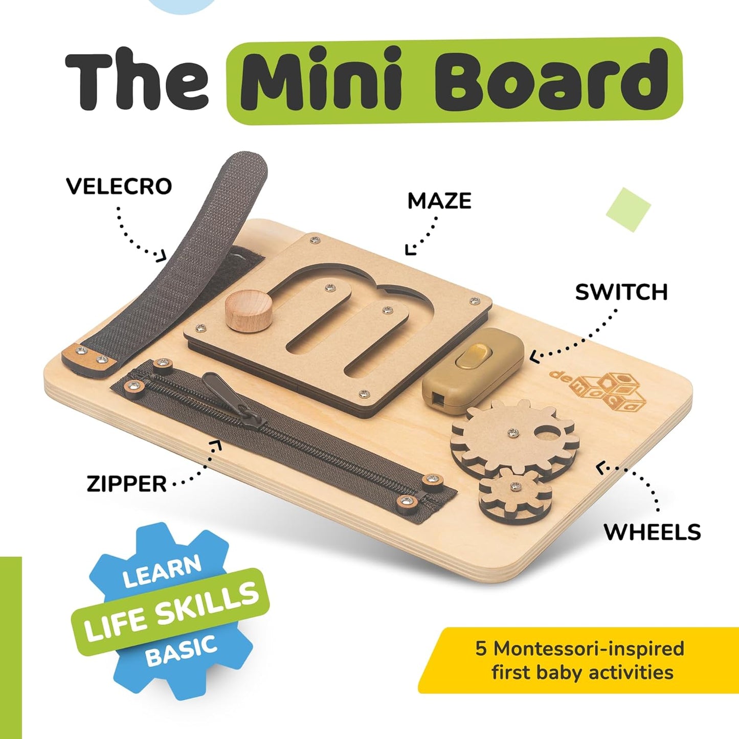 deMoca Sensory Busy Board for Toddlers, Premium Wooden Toddler Busy Board for 1 2 3 Year Old with 10 Educational Activities for Fine Motor Skills, Fidget Activity Toy for Travel Toy (Nature)