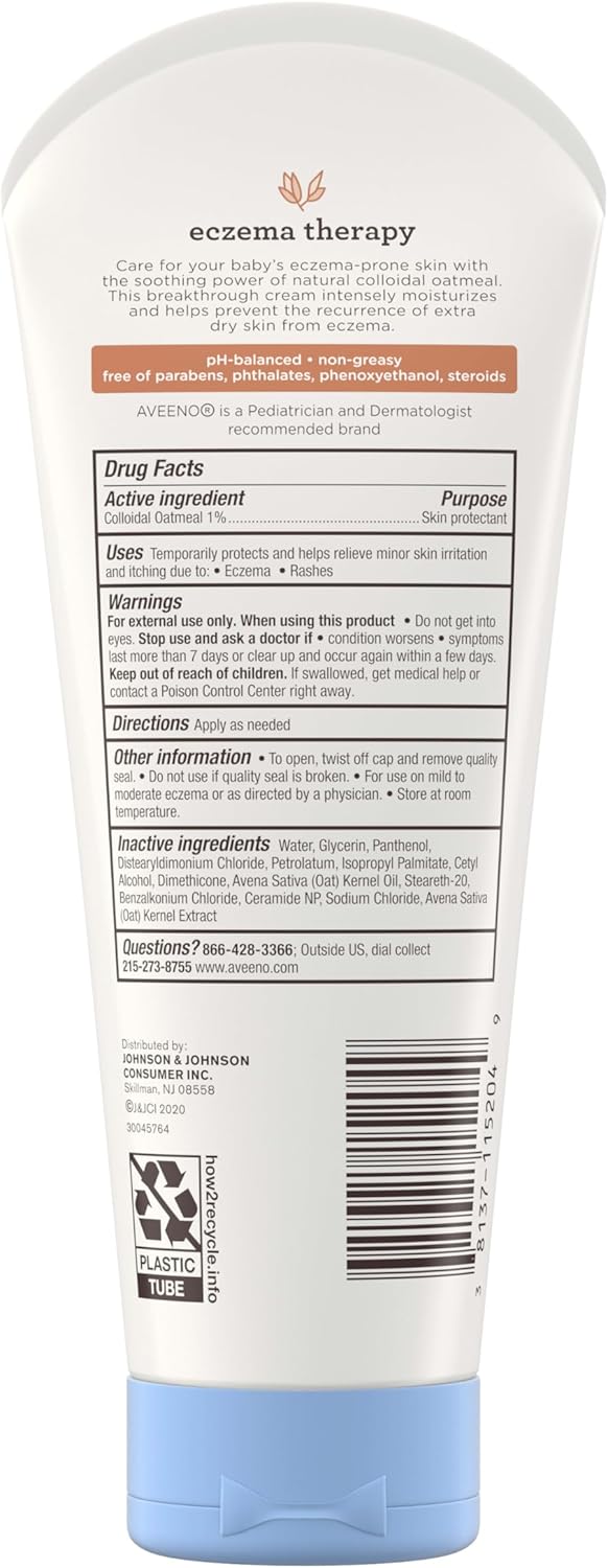 Aveeno Baby Eczema Therapy Moisturizing Cream, Natural Colloidal Oatmeal & Vitamin B5, Baby Eczema Cream for Dry, Itchy, Irritated Skin Due to Eczema, Paraben- & Steroid-Free, 7.3 oz