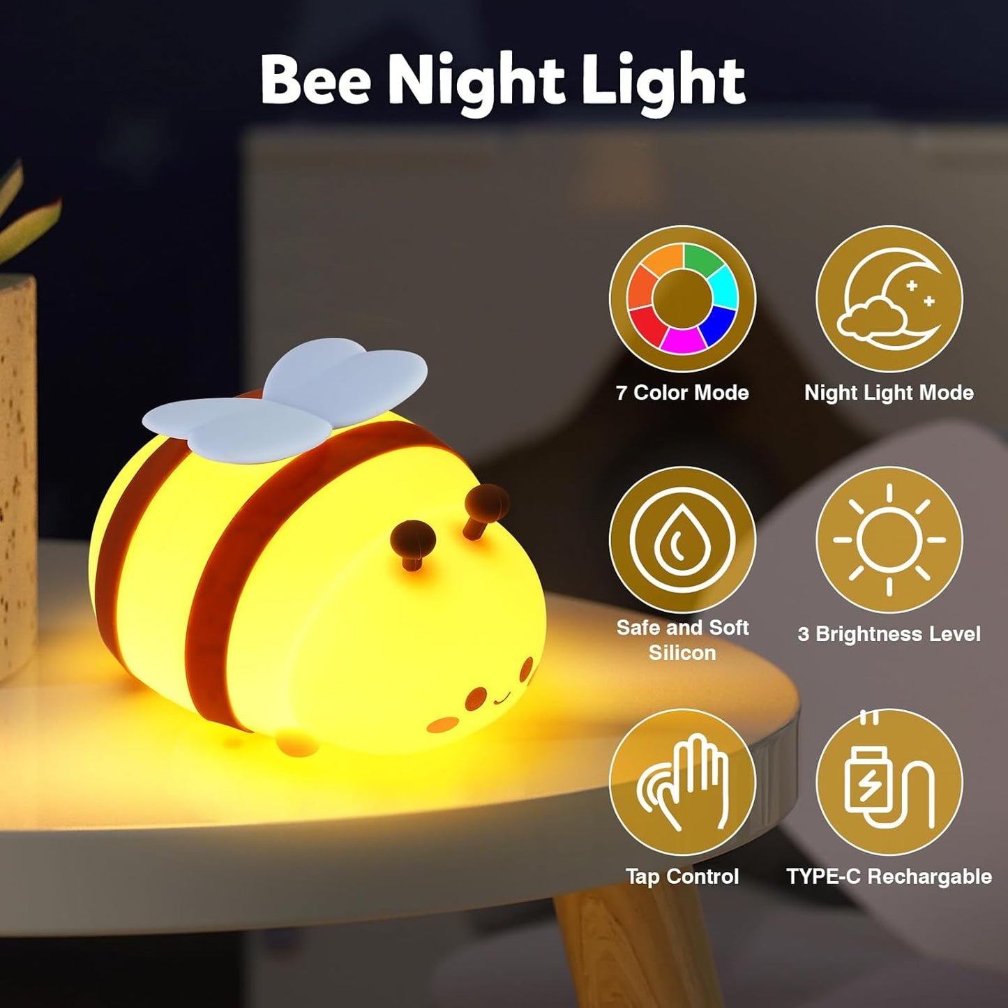Bee Night Light, Cute Silicone Animal Bedside Lamp, Night Lamp for Kids Room, Dimmable LED Lamp,Bedroom Touch Lamp, Nursery,Baby Room&Girls Room Decor, Baby Boys Girls Gift,Rechargeable Nightlight