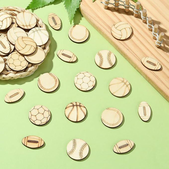 200 pcs Mixed Styles Sport Theme Undyed Wood Cutout Charms Basketball Football