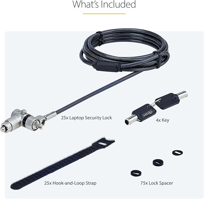 StarTech.com 25-Pack Universal Laptop Lock 6.6ft (2m), Keyed Alike Security Cable, Compatible with Noble Wedge/Nano/K-Slot, TAA