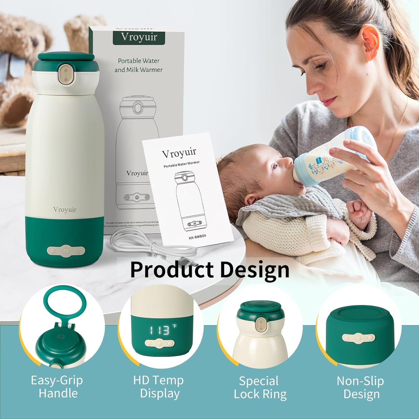Portable Bottle Warmer with Precise Temp Control (95-135°F) - 17 Oz Travel Warmer for Breast Milk, Formula & Water, Fast Heating & USB Quick Charge