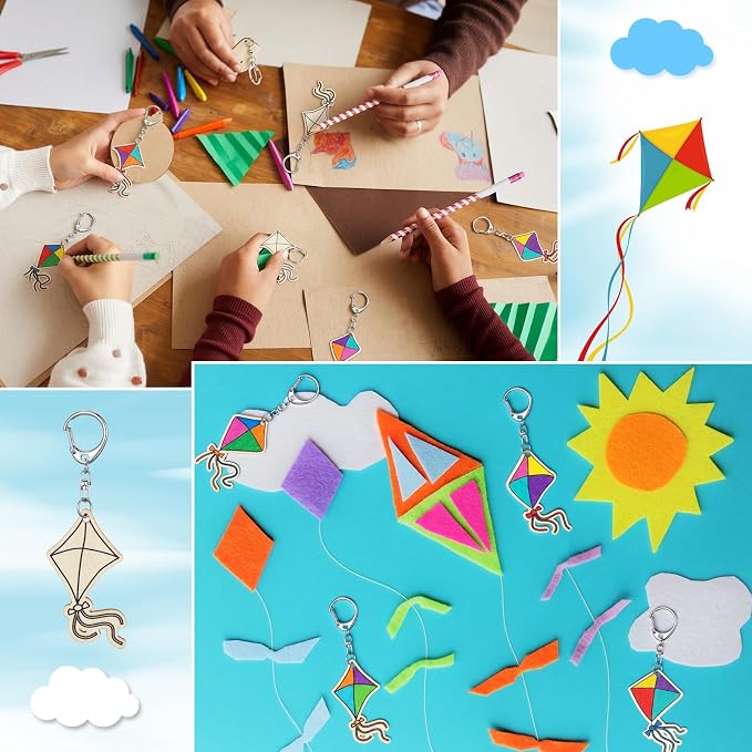 RattanView 24 Pcs Kites Crafts Color Your Own Keychains DIY Craft Wooden Blank