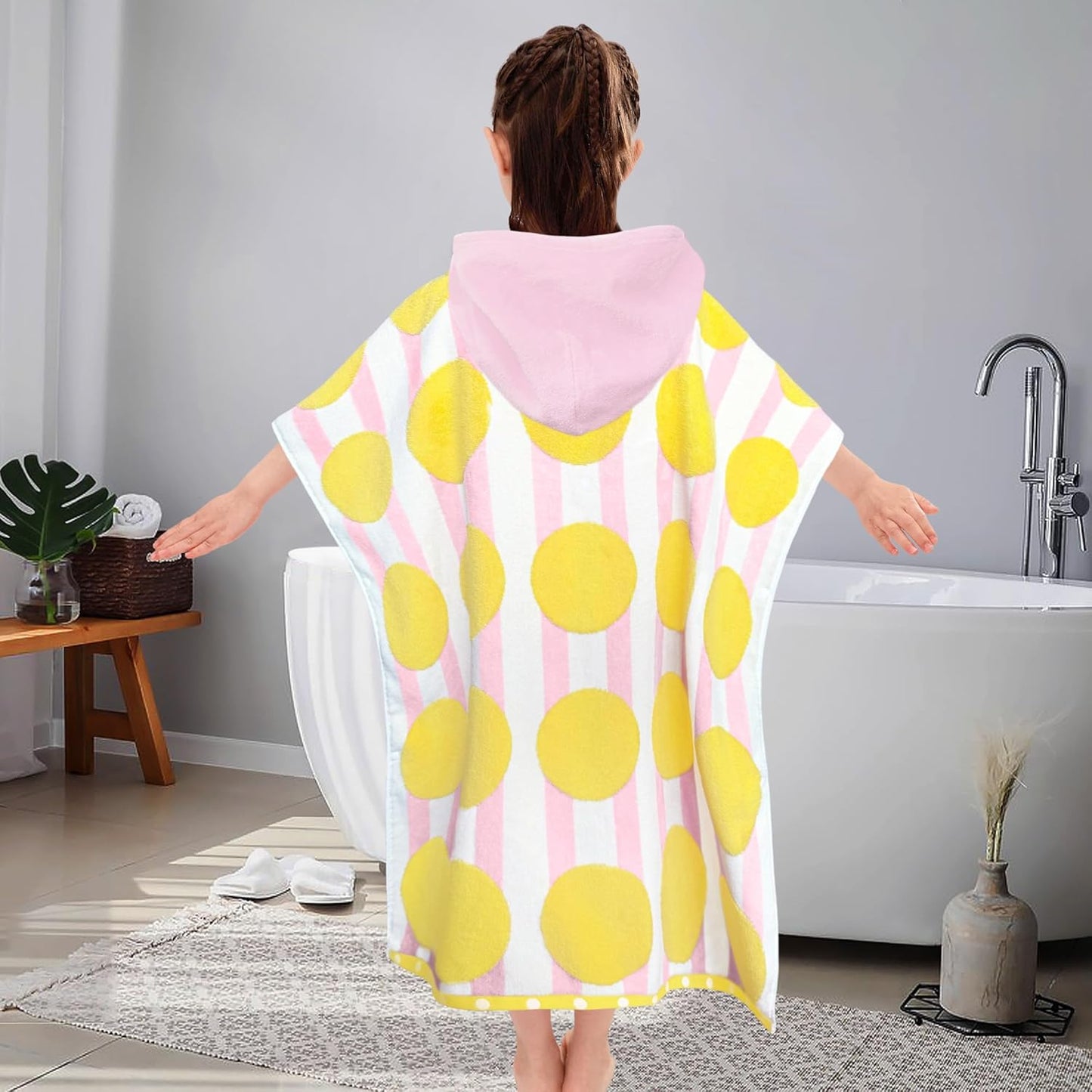 VOOVA & MOVAS Kids Poncho Towels with Hood (4-8Years), Absorbent Quick Dry Lightweight Hooded Beach Towel for Pool | Swim | Bath, Pink Strip Dot