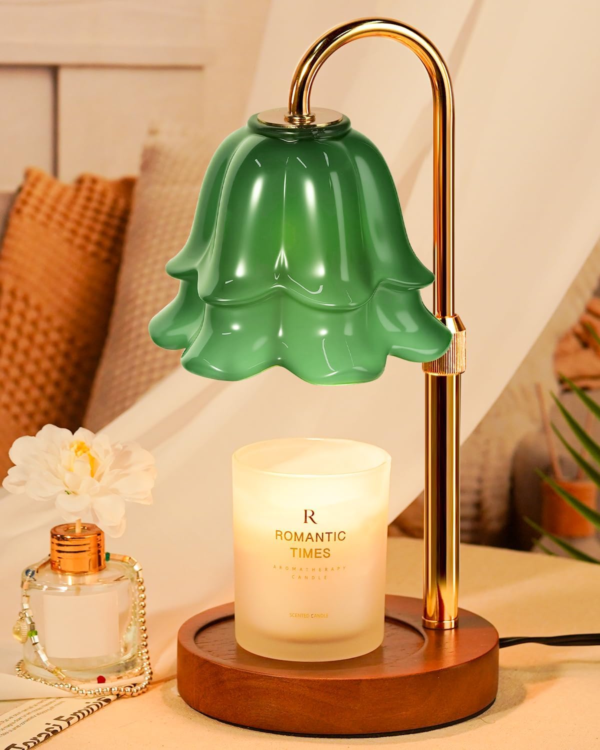 Green Candle Warmer Lamp with Timer & Dimmer, Adjustable Height Christmas Gifts Birthday Gifts for Women Mom, Flower Candle Lamp Warmer, Wax Warmer with 2 Bulbs, House Warming New House Decorations