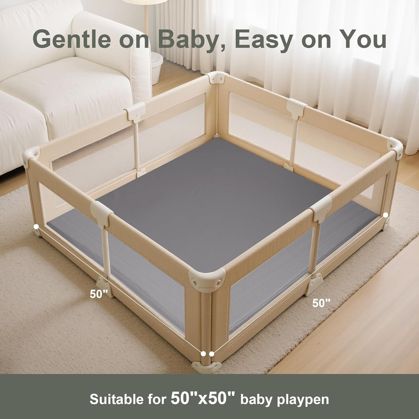 Baby Play Mat for Floor,50x50 Playpen Mat,Non-Slip Leather&Thick Foam Floor Cushion,Removable Waterproof Cover,Easy Care for Baby Crawling,Toddler,Kids,Tummy Time（Grey)