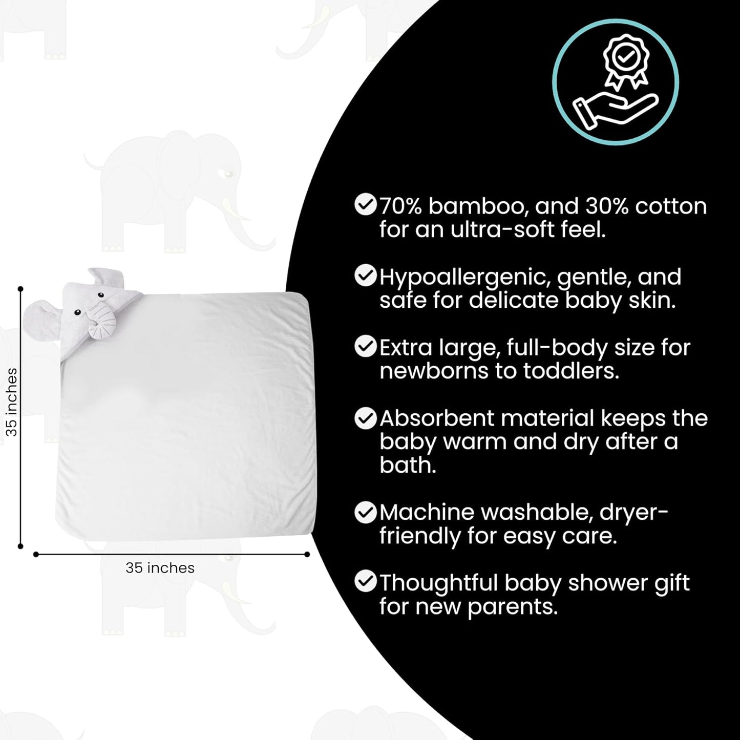 Premium Hooded Towel - 500GSM Viscose derived from Bamboo Cotton Baby Towels - Ultra Soft & Absorbent, Extra Large 35” x 35”, Hypoallergenic, Machine Washable Toddler Towel - Elephant