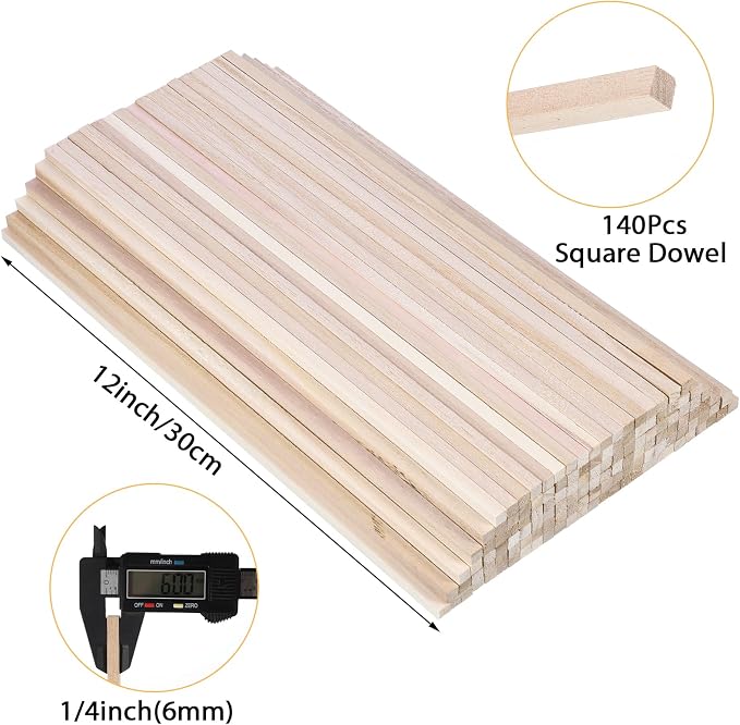 140-Pack Balsa Wood Sticks 1/4" x 12" Square Dowel Rods
