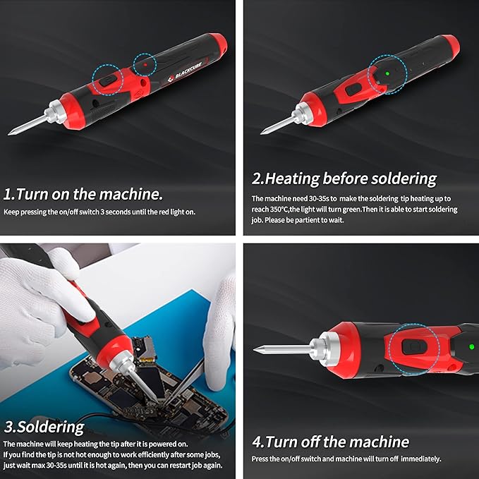 BLACKCUBE Cordless Soldering Iron Kit - Portable 2000mAh USB Rechargeable Soldering Iron Tools with LED Spotlight Max 878℉ Fast Heating 4V Lithium-Ion Battery