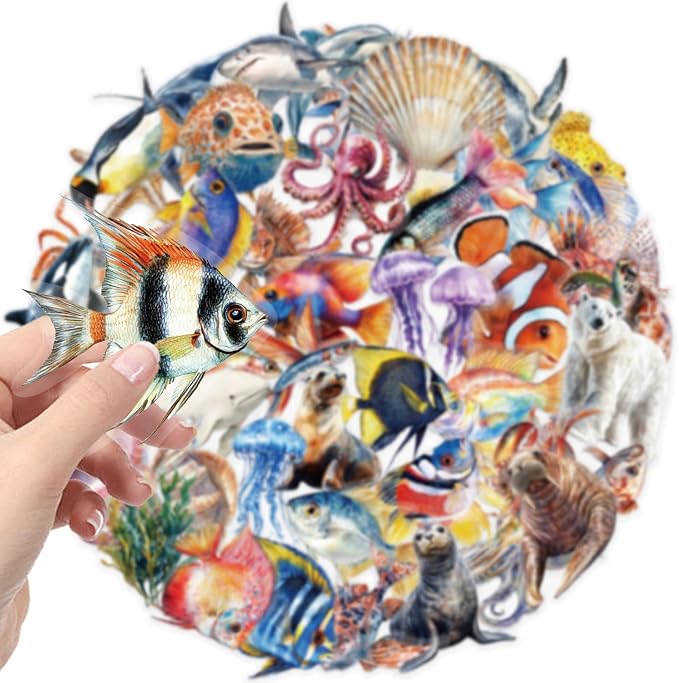 50Pcs Cartoon Marine Life Stickers Waterproof PET Water Bottle Decal Marine