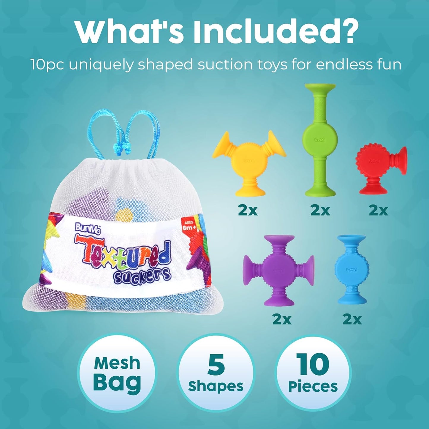 BUNMO Stocking Stuffers for Kids - Toddler Suction Bath Toys - Connect, Build, Create - Toddler Stocking Stuffers - Fine Motor Skills - Stimulating Sensory Fun - Textured 10 Pack