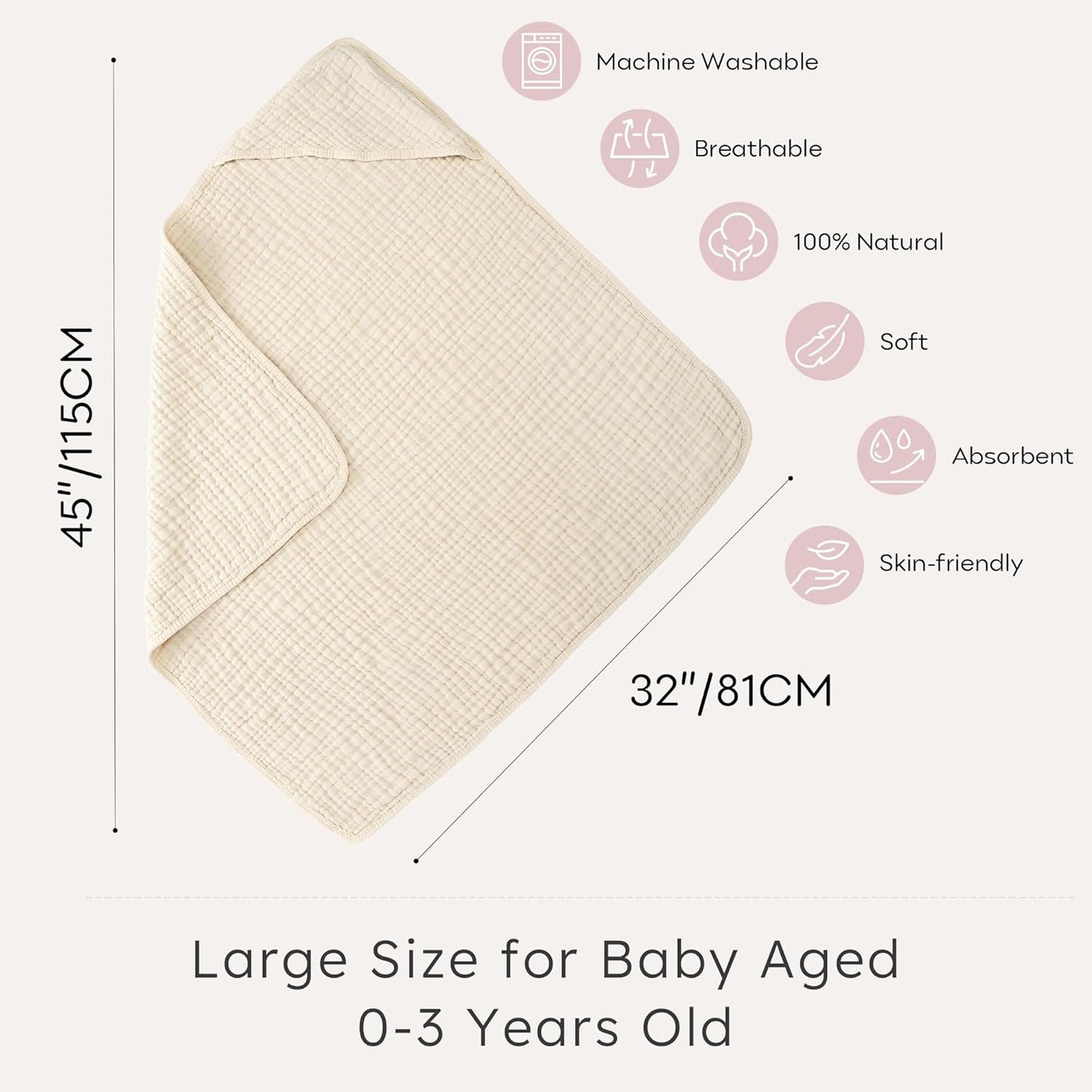 Looxii Baby Bath Towels 2 Pack Muslin Hooded Baby Towels for Newborn and Infants, 100% Cotton, Large 32x32Inch, Soft and Absorbent Beige+Pink