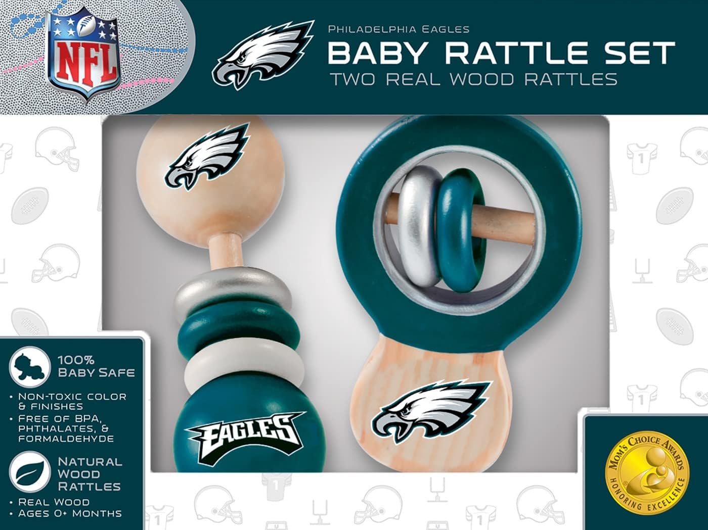 BabyFanatic Wood Rattle 2 Pack - NFL Philadelphia Eagles - Officially Licensed Baby Toy Set