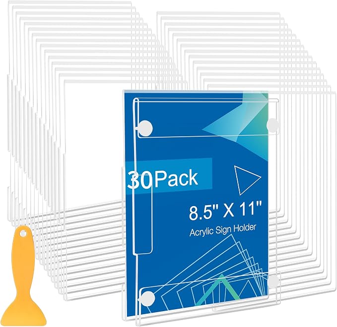 30 Pack Acrylic Sign Holder 8.5 x 11 Wall Mount, Vertical & Horizontal Use