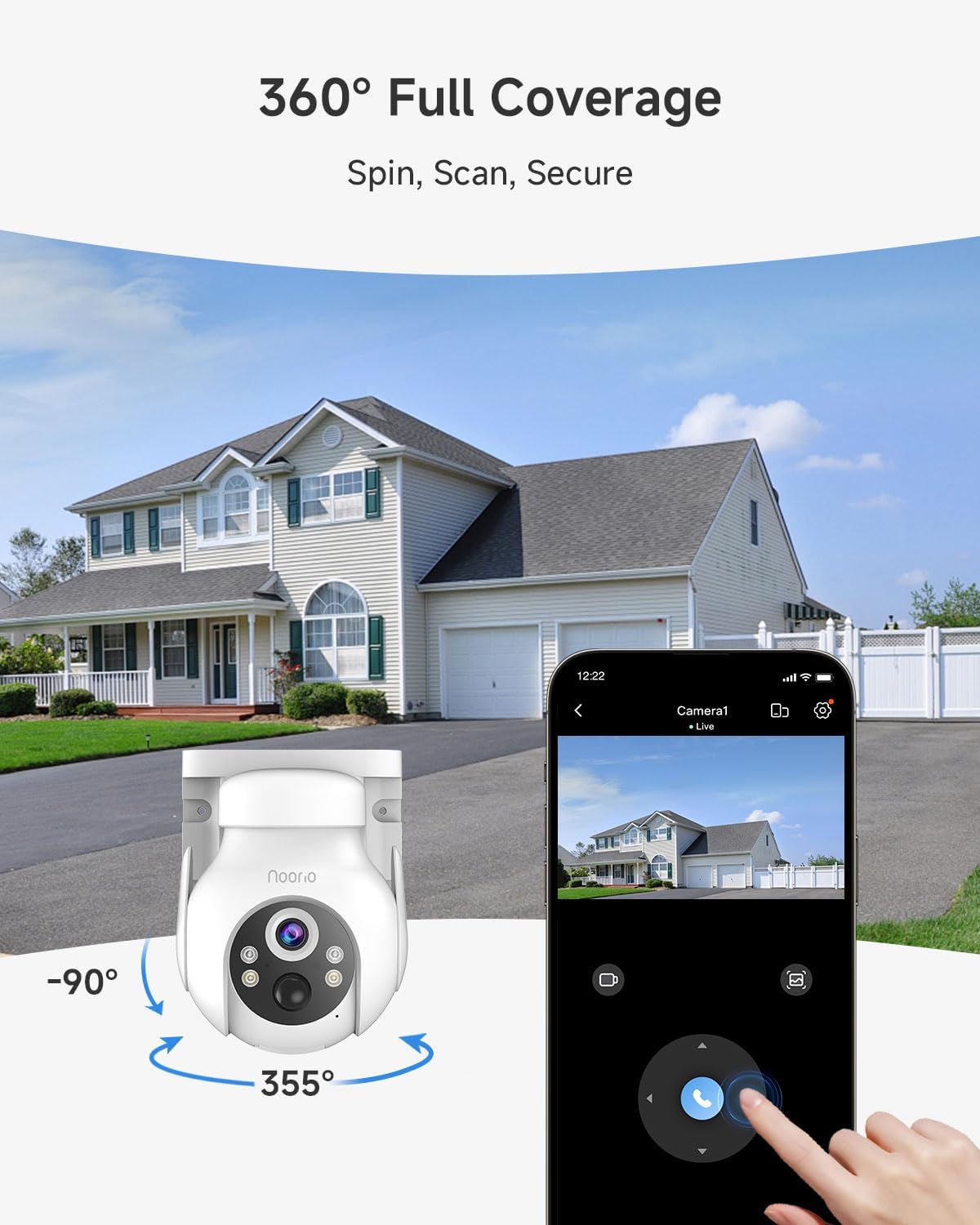 Noorio Solar Camera Outdoor Wireless, 2K 360° View Camera for Home Security Battery Powered, AI Auto Tracking, Color Night Vision, 2-Way Talk, SD/Cloud Storage