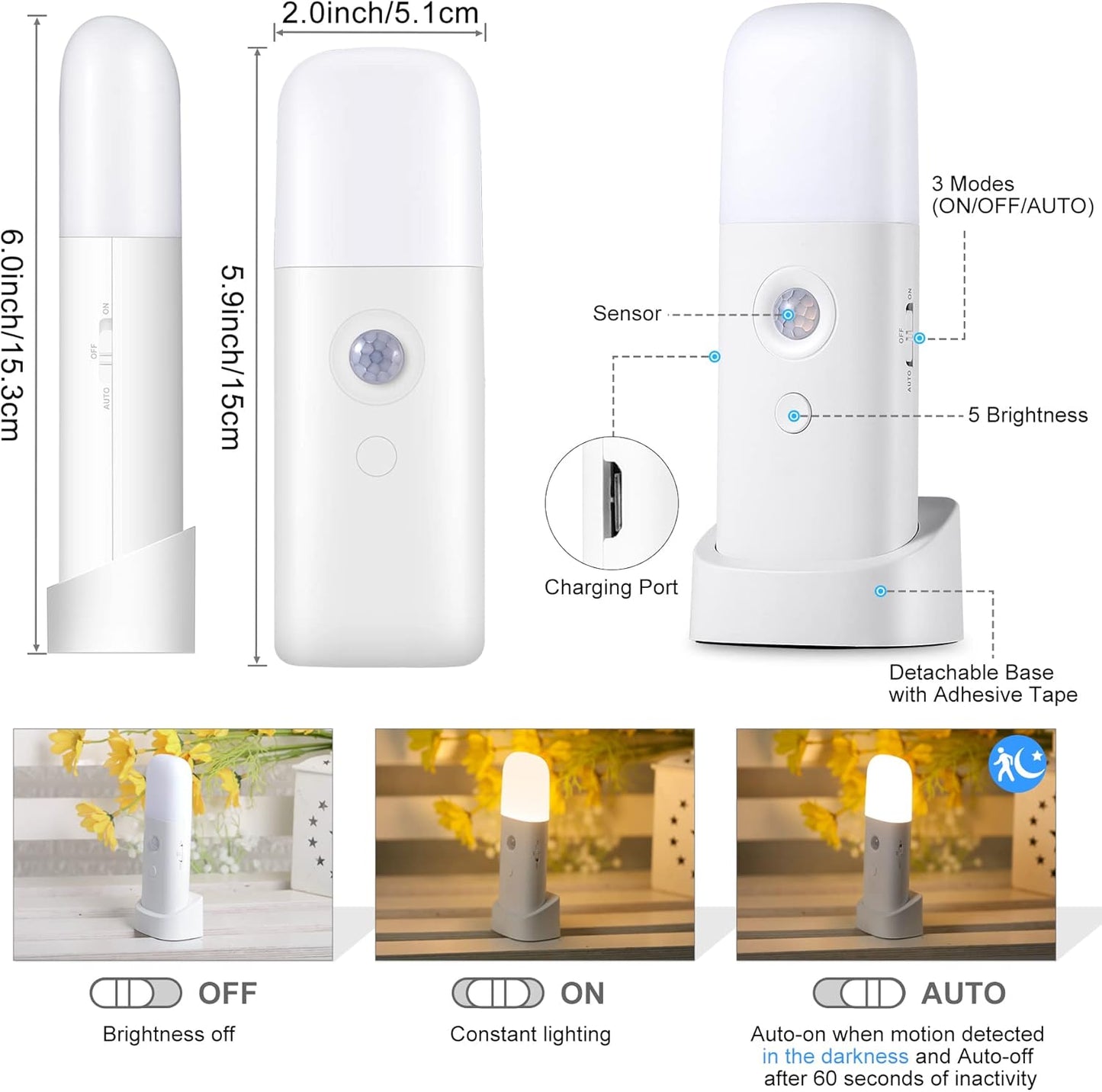Motion Sensor Night Lights Indoor, Rechargeable Night Light Battery Powered, Portable Nightlight with Adjustable Brightness Activated Table Lamp for Kids, Adults(Cool White, 4Pack)