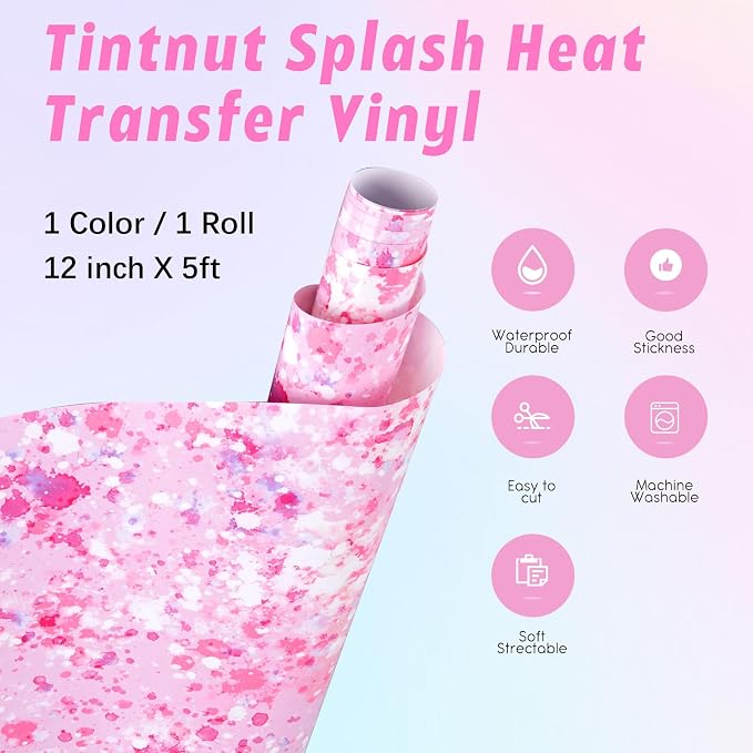 Tintnut Pink White Splash Heat Transfer Vinyl Roll, stretch washable, works