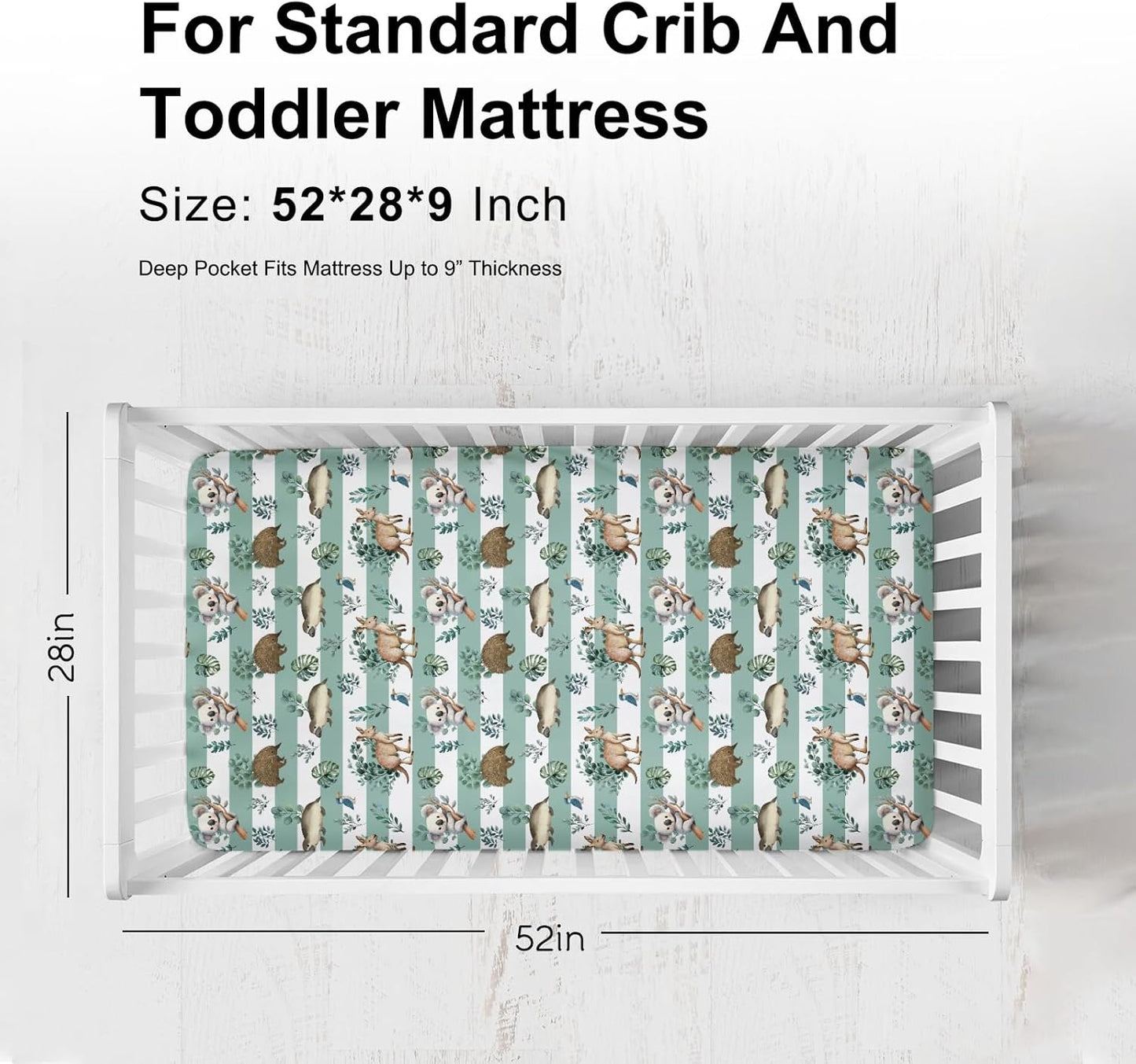 Baby Australian Animals Fitted Baby Crib Sheet for Boy Girl 52"x28" Cute Koala Green Tropical Leaves Crib Mattress Cover Baby Animals Stripes Soft Baby Sheet for Standard Crib & Toddler Bed Mattress