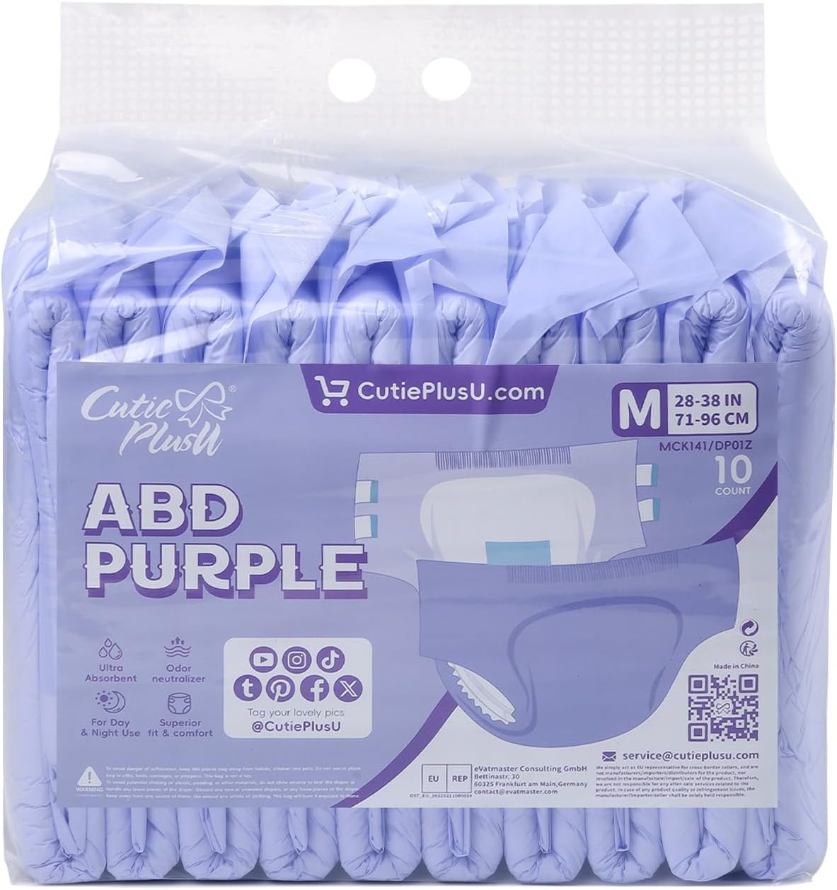 CutiePlusU Disposable Adult Diaper Heavy Absorption Dry Surface Adult Diapers All Night- Purple 10 Pieces (Medium 28"-38")
