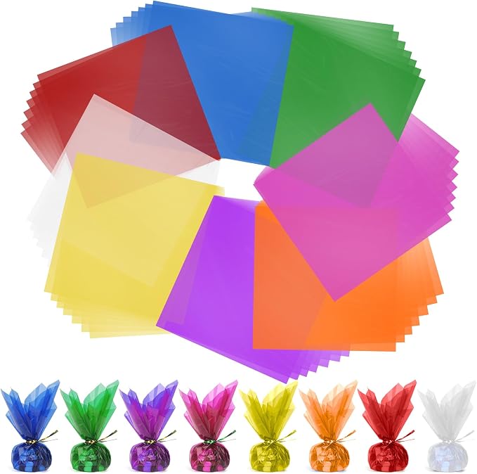 Cellophane Wrap, 8 Multi-Colors Colored Cellophane, 7.5x7.5 Inch Transparent