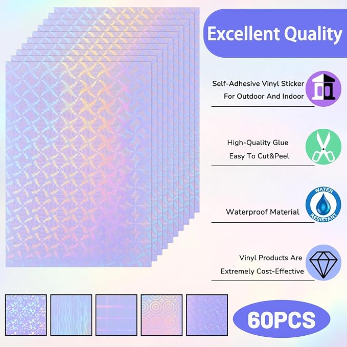 Clabby 36 Sheets Holographic Sticker Paper A4 Vinyl Holographic Laminate Sheets